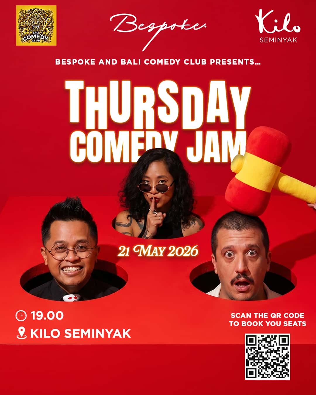 Thursday Comedy Jam promotional poster at Kilo Kitchen Seminyak